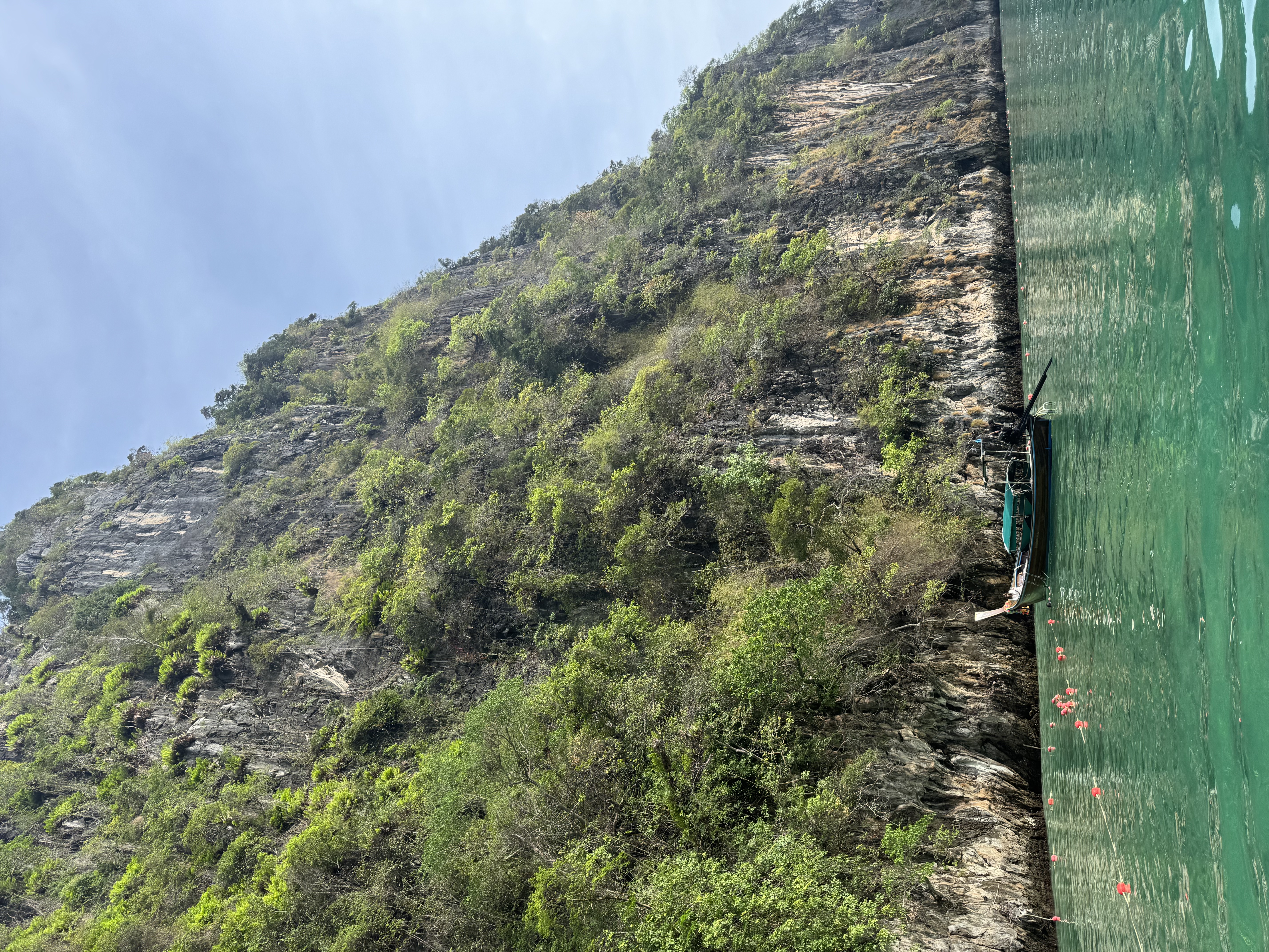 Turquoise sea, longtail boat, and lush karst cliff